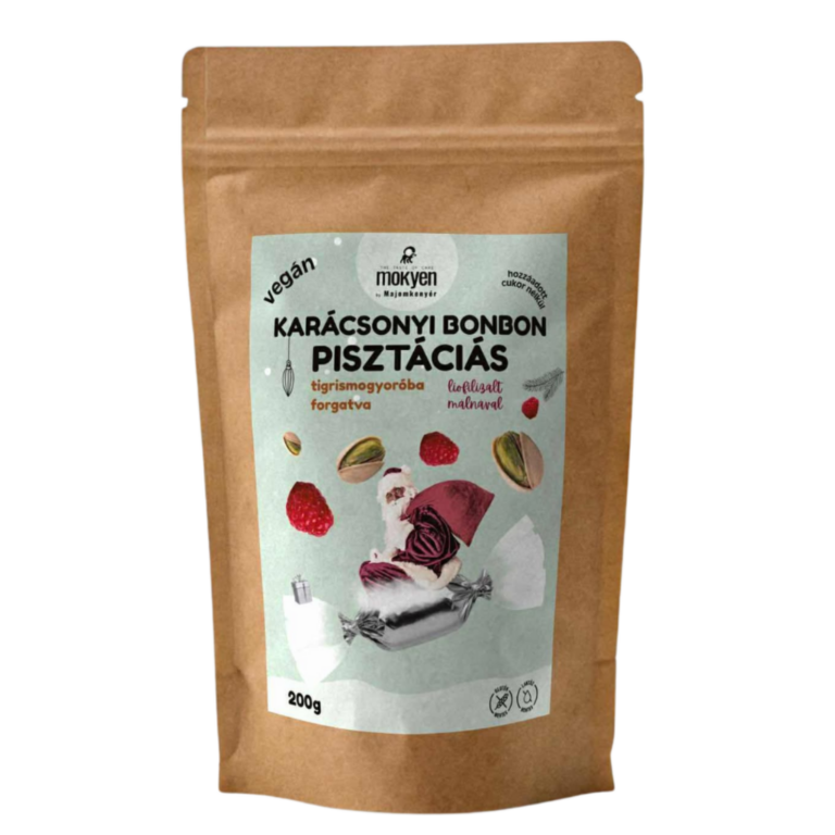 VEGÁN Pisztáciás karácsonyi bonbon liofilizált málnával, őrölt tigrismogyoróba forgatva 200g